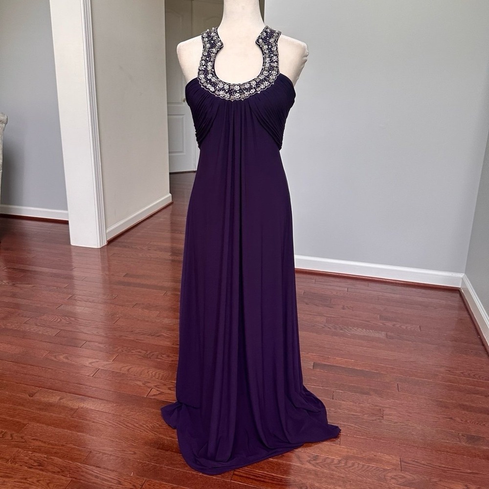 Vintage JS Boutique Formal Elegant Embellished Navy Silver Gown Dress
